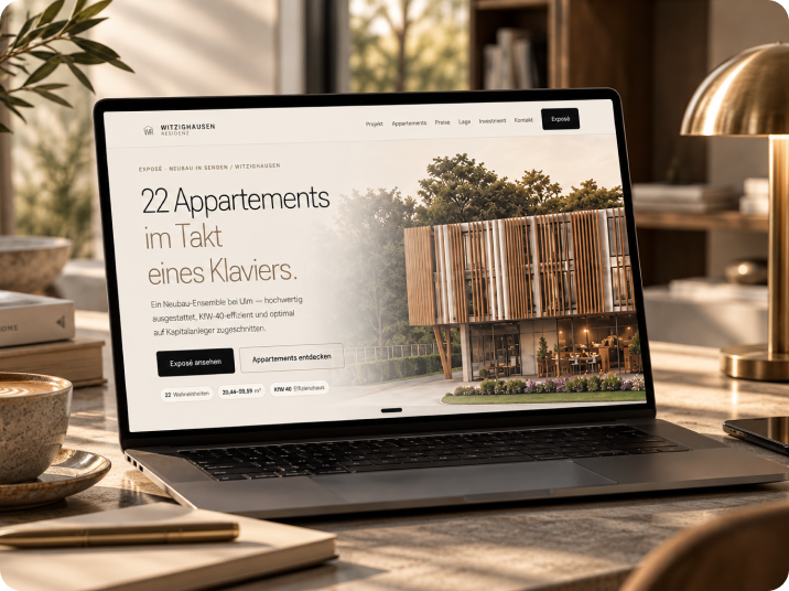Bauträger-Website auf dem Laptop – Design-Apartments