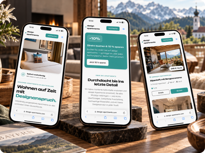 Buchungswebsite für Apartments – Mobile Ansicht auf drei Smartphones